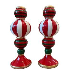 Martha Stewart HOLIDAY Candle Holders Hand-Painted Red White Green Set of 2 NEW